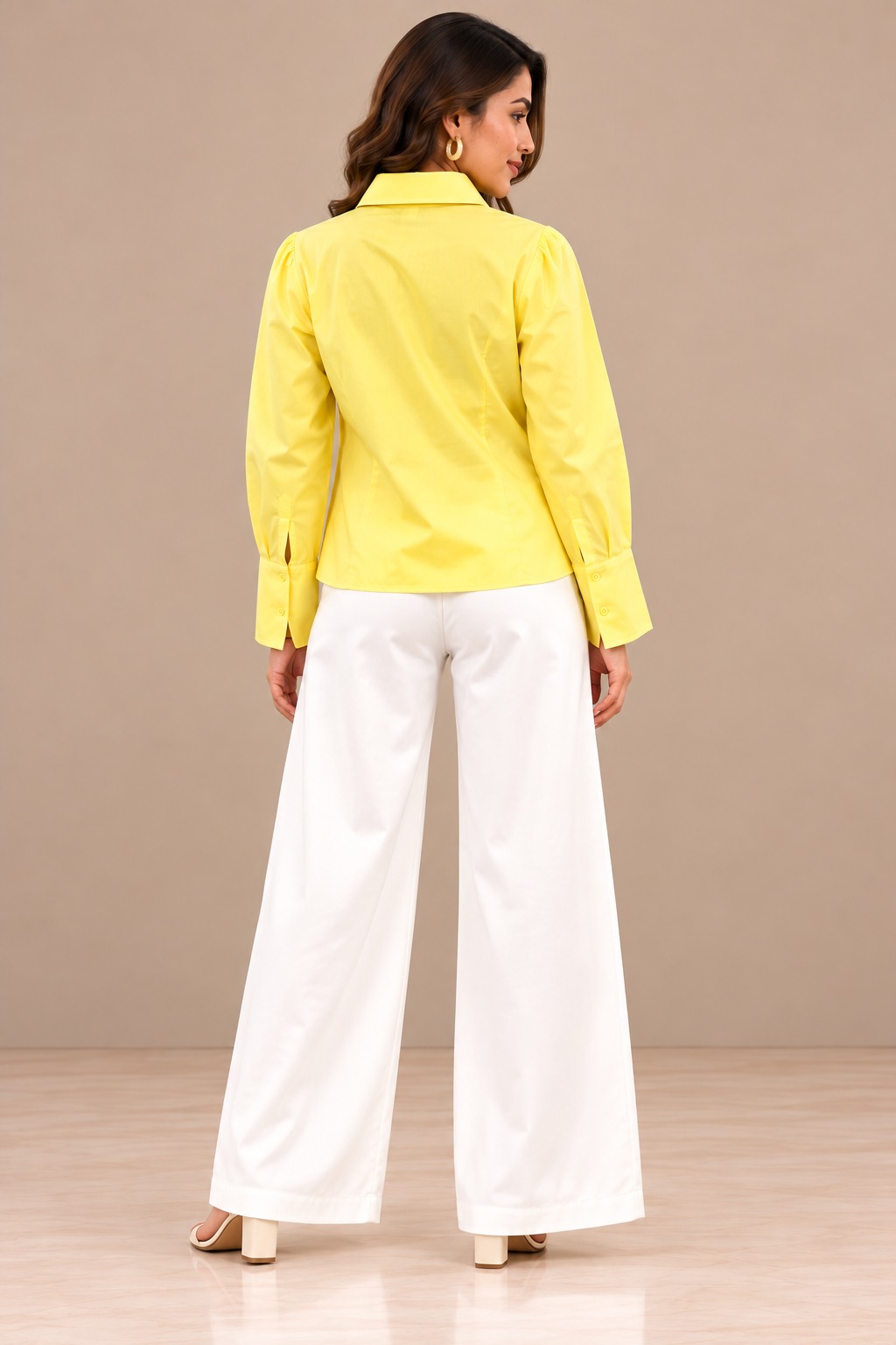 Women’s Yellow 3D Floral Appliqué Shirt with Cascading Ruffles, Full Sleeves & Collared Neck