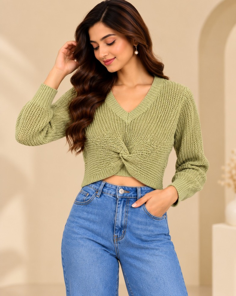 Women’s Sage Green Twist-Front Knit Crop Top with V-Neck & Long Balloon Sleeves