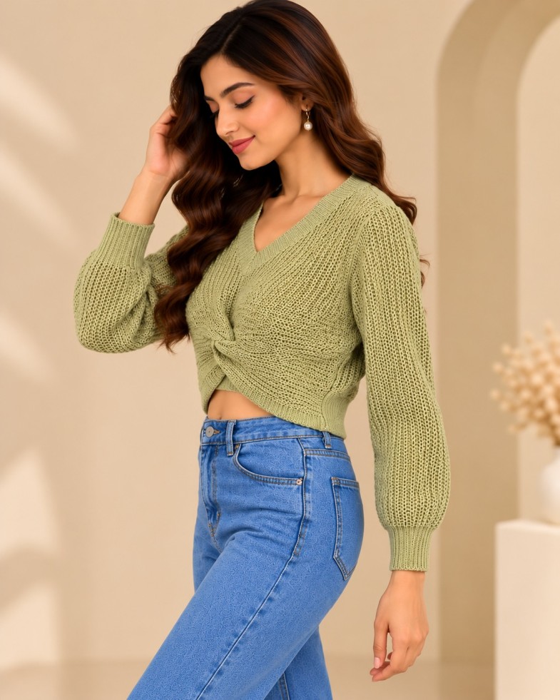 Women’s Sage Green Twist-Front Knit Crop Top with V-Neck & Long Balloon Sleeves