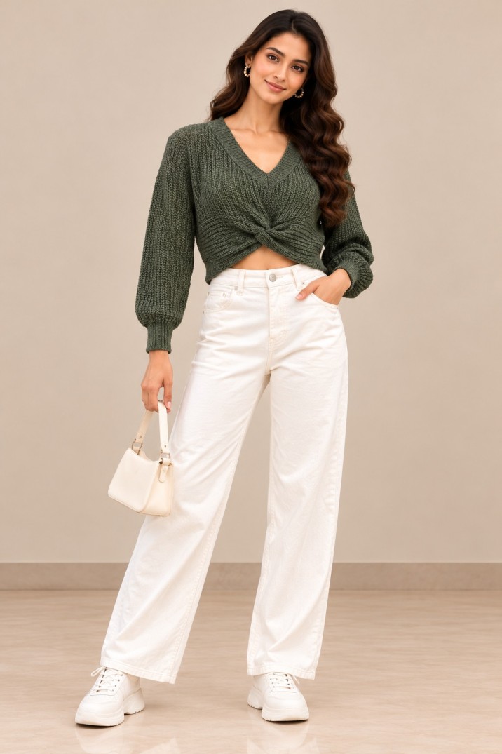 Women’s Dark Olive Green Twist-Front Knit Crop Top with V-Neck & Long Balloon Sleeves