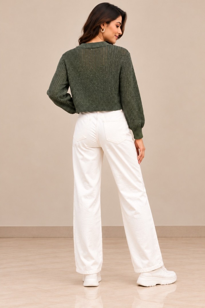 Women’s Dark Olive Green Twist-Front Knit Crop Top with V-Neck & Long Balloon Sleeves