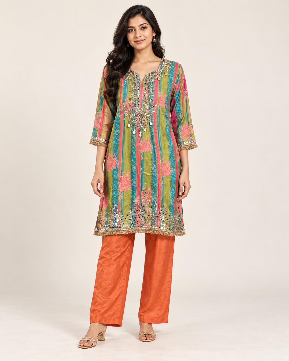 Women’s Multicolor Floral Printed Embellished Kurta with Orange Pants