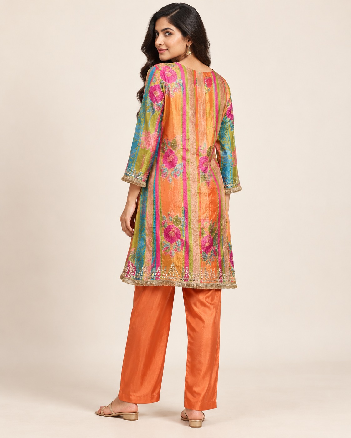 Women’s Multicolor Floral Printed Embellished Kurta with Orange Pants