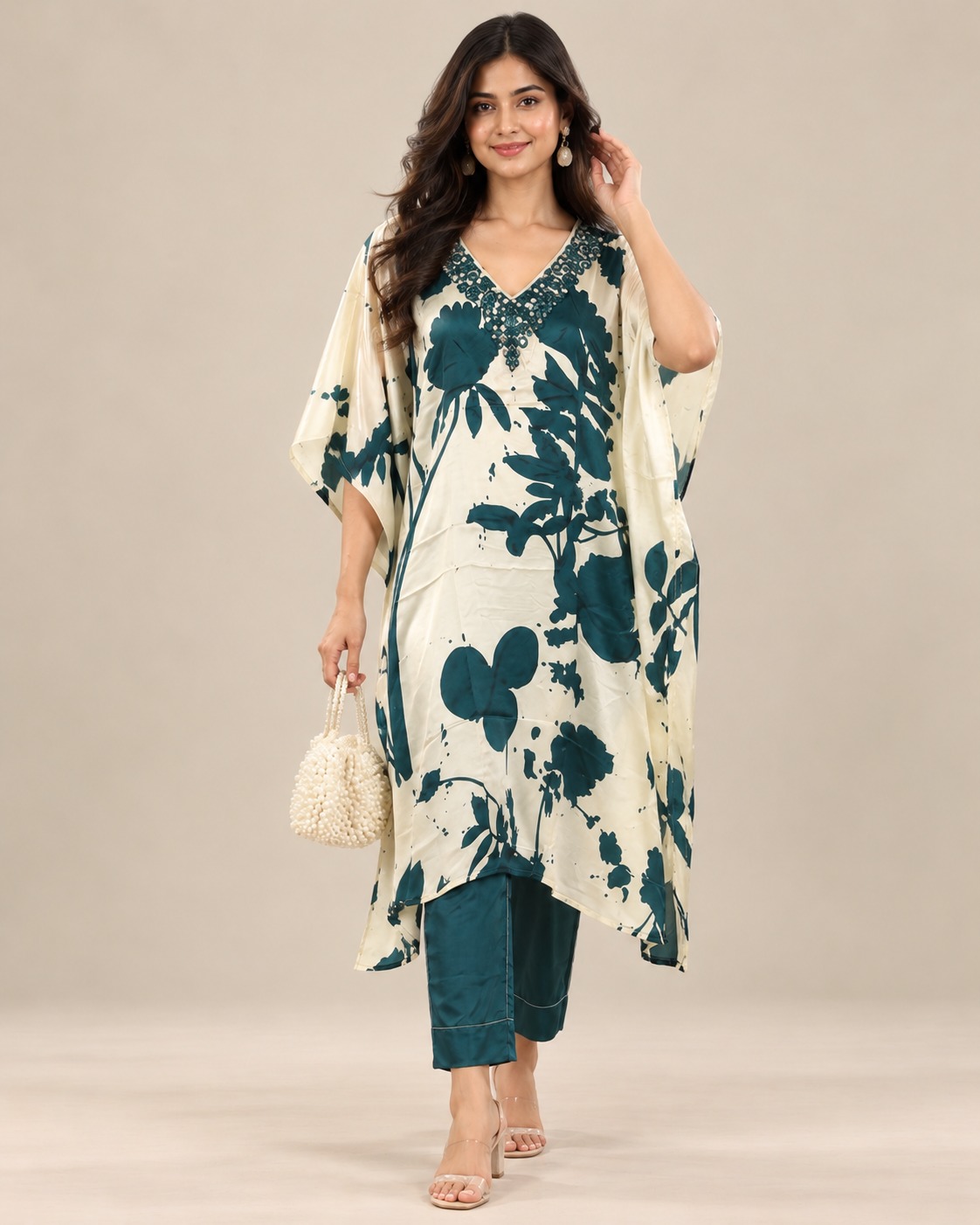 Women’s Cream & Teal Floral Printed Kaftan Kurta Set with Embellished V-Neck