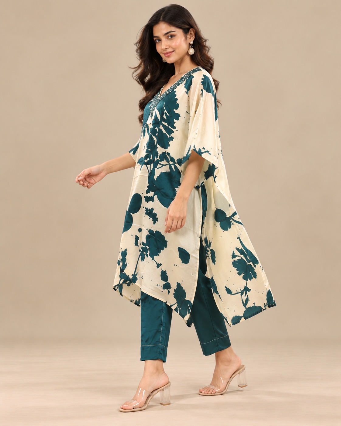 Women’s Cream & Teal Floral Printed Kaftan Kurta Set with Embellished V-Neck