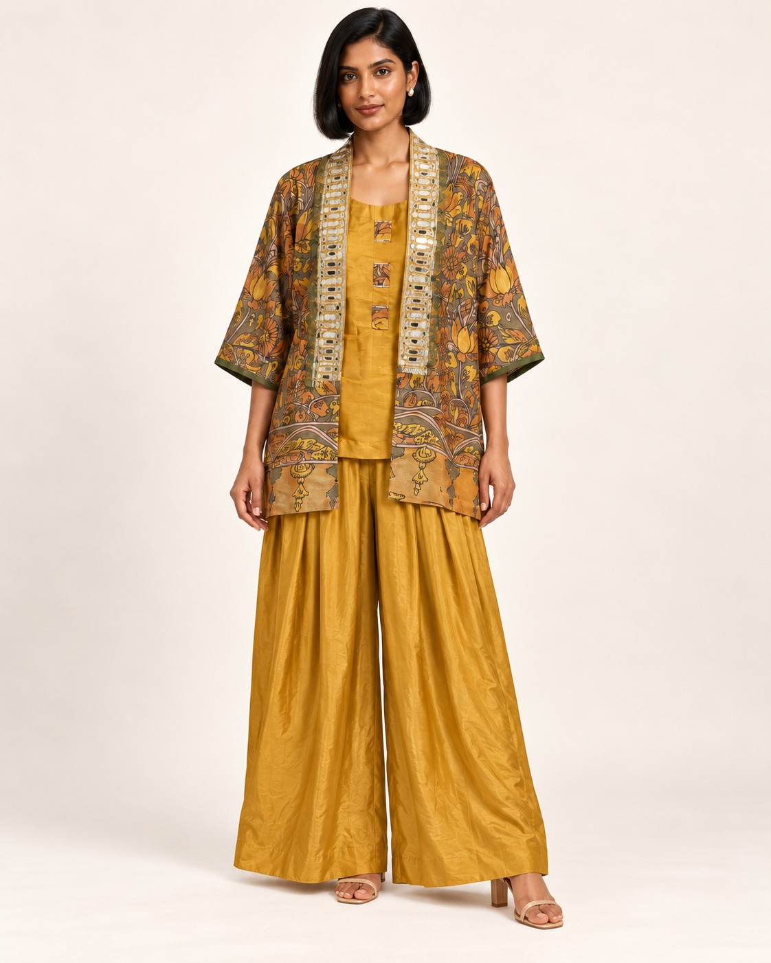 Women’s Mustard Yellow 2-Piece Palazzo Set with Printed Embellished Jacket