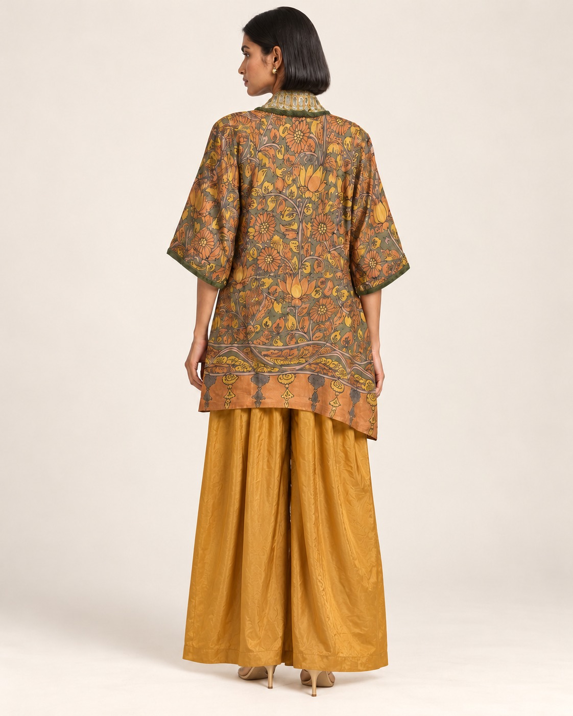 Women’s Mustard Yellow 2-Piece Palazzo Set with Printed Embellished Jacket