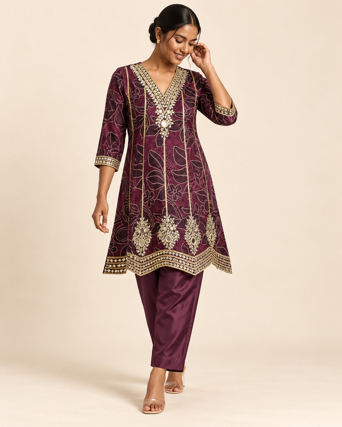 Women’s Wine Floral Printed Kurta & Pant Set with Gold-Tone Embellishments