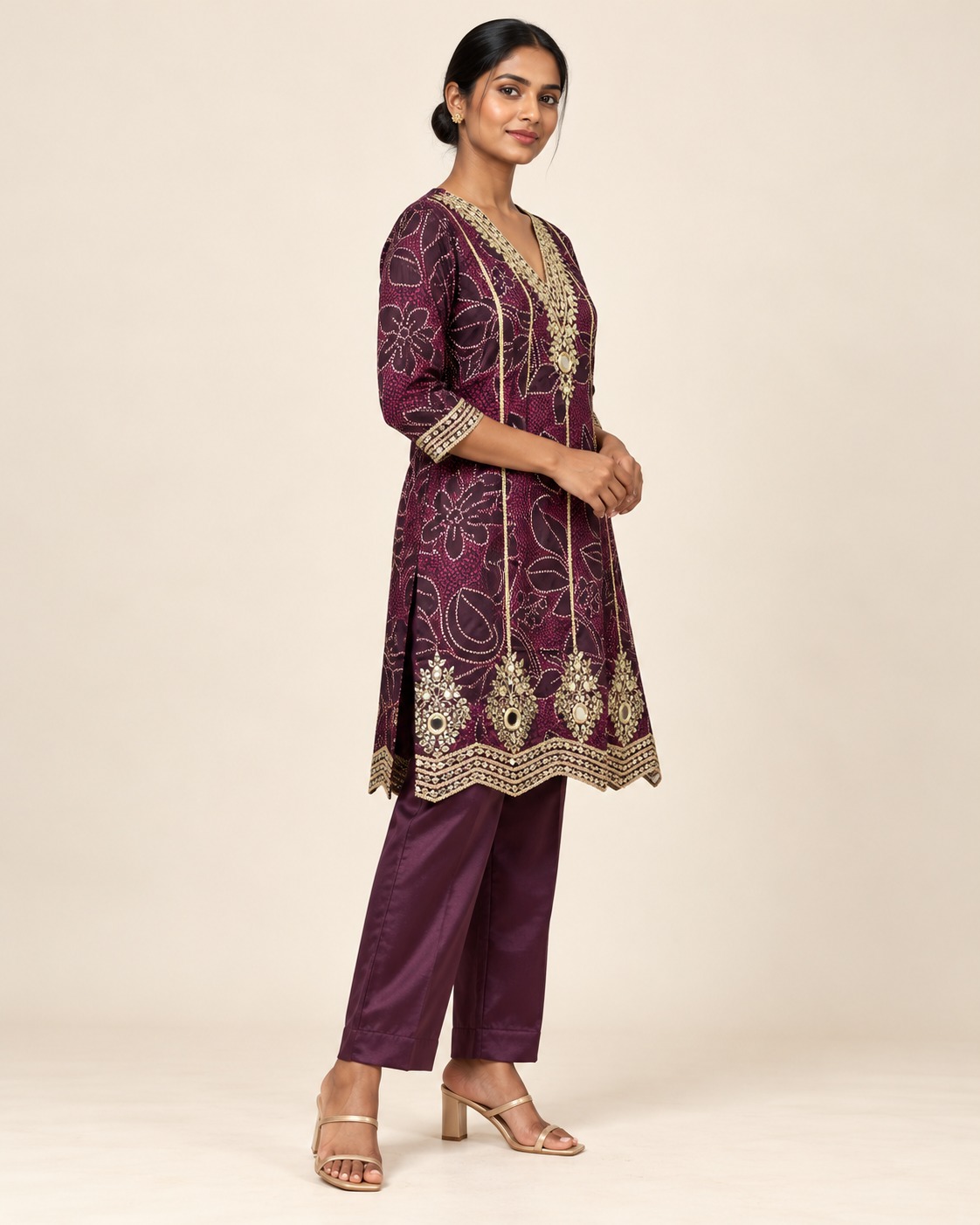 Women’s Wine Floral Printed Kurta & Pant Set with Gold-Tone Embellishments