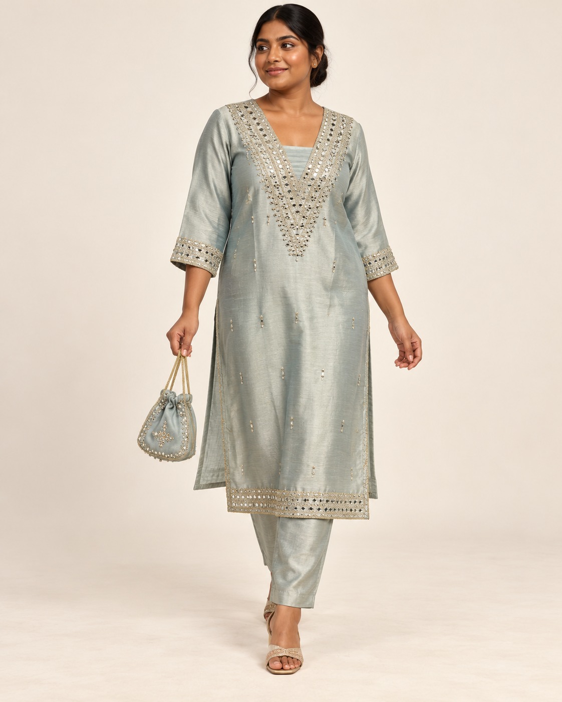 Women’s Silver Sage Green Embellished Straight Kurta with Matching Pants