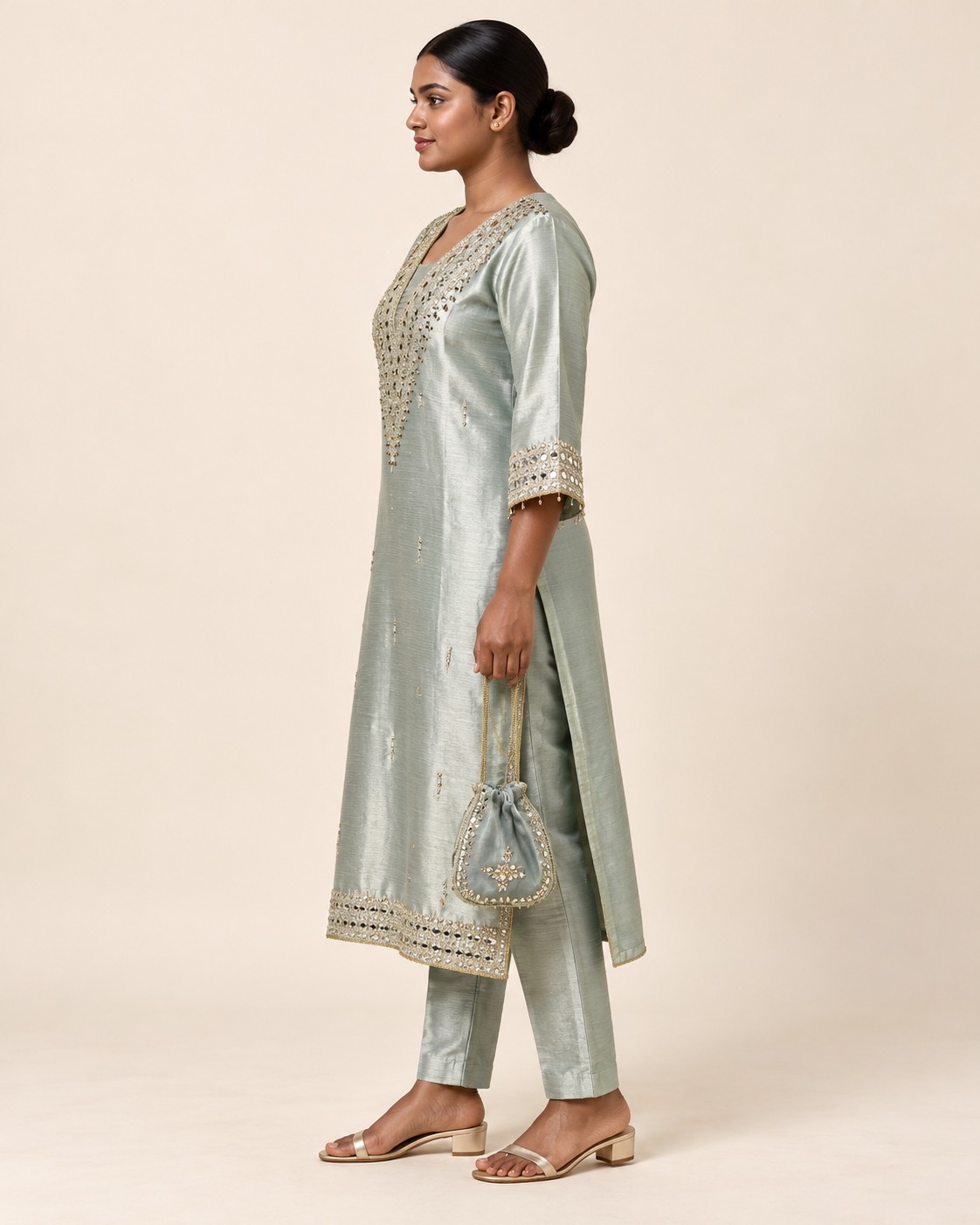 Women’s Silver Sage Green Embellished Straight Kurta with Matching Pants