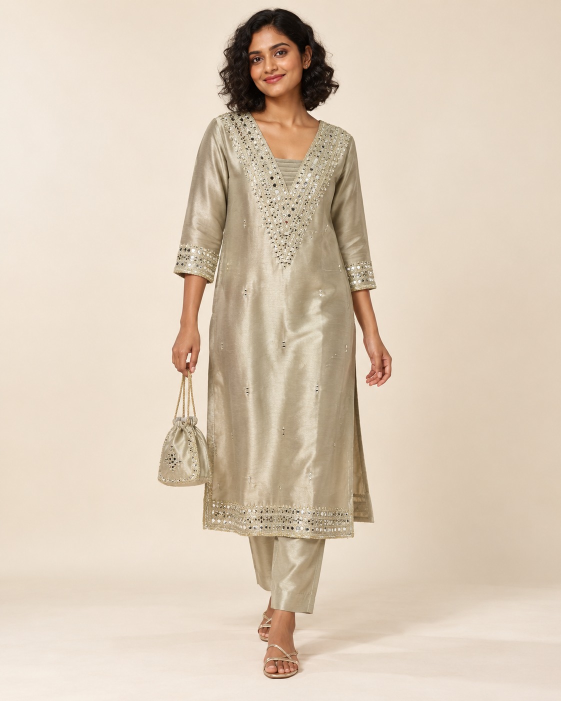 Women’s Champagne Beige Embellished Straight Kurta with Matching Pants