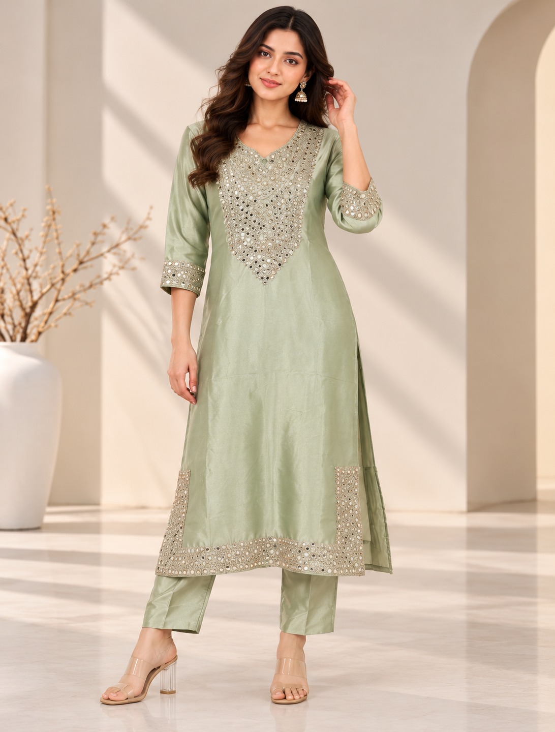 Women’s Sage Green Embellished Kurta & Pant Set with Mirror-Effect Detailing