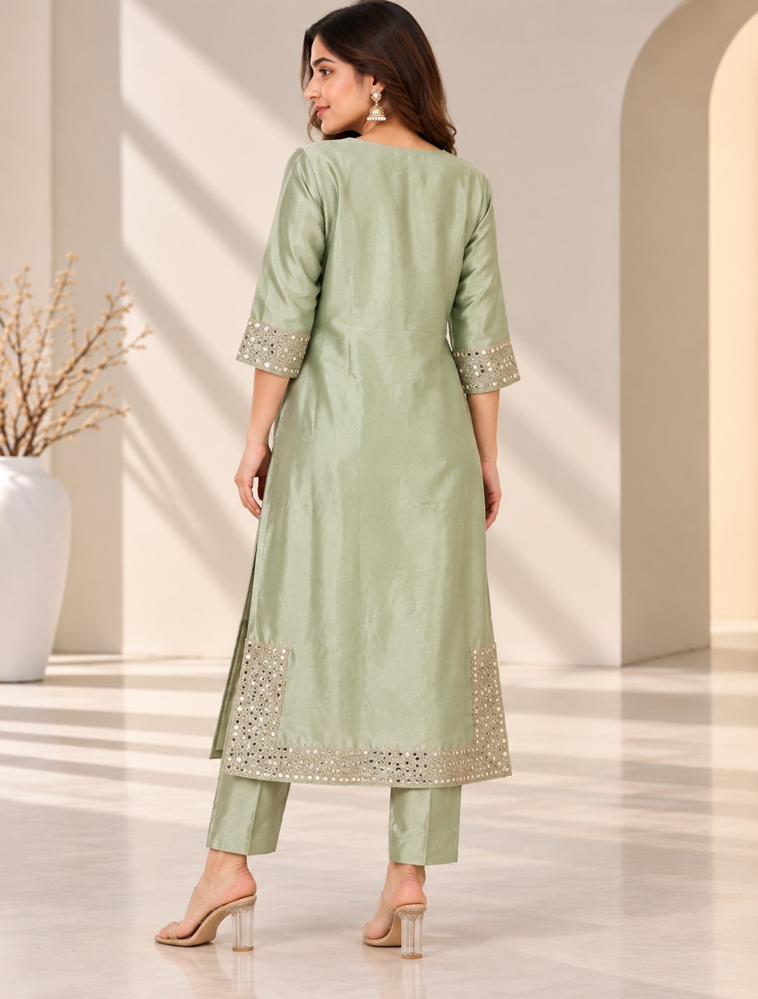 Women’s Sage Green Embellished Kurta & Pant Set with Mirror-Effect Detailing