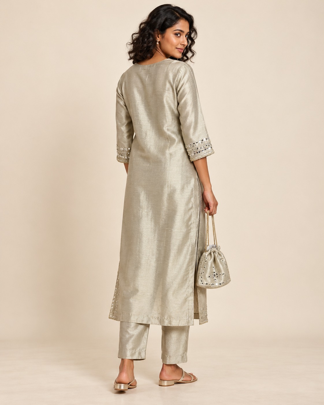 Women’s Champagne Beige Embellished Straight Kurta with Matching Pants