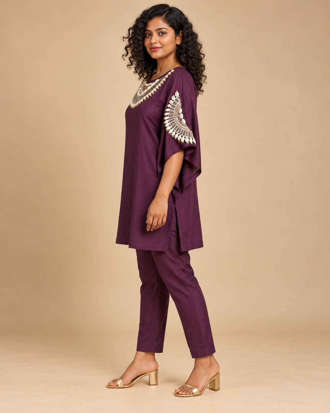 Women’s Plum Purple Embellished Kaftan Co-ord Set with Round Neck and Matching Pants