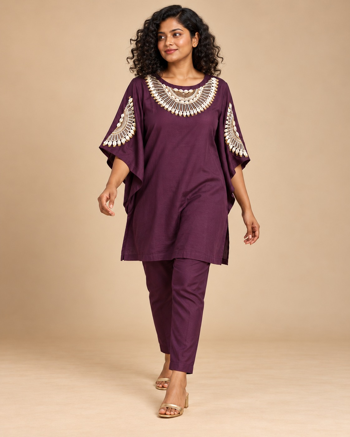 Women’s Plum Purple Embellished Kaftan Co-ord Set with Round Neck and Matching Pants