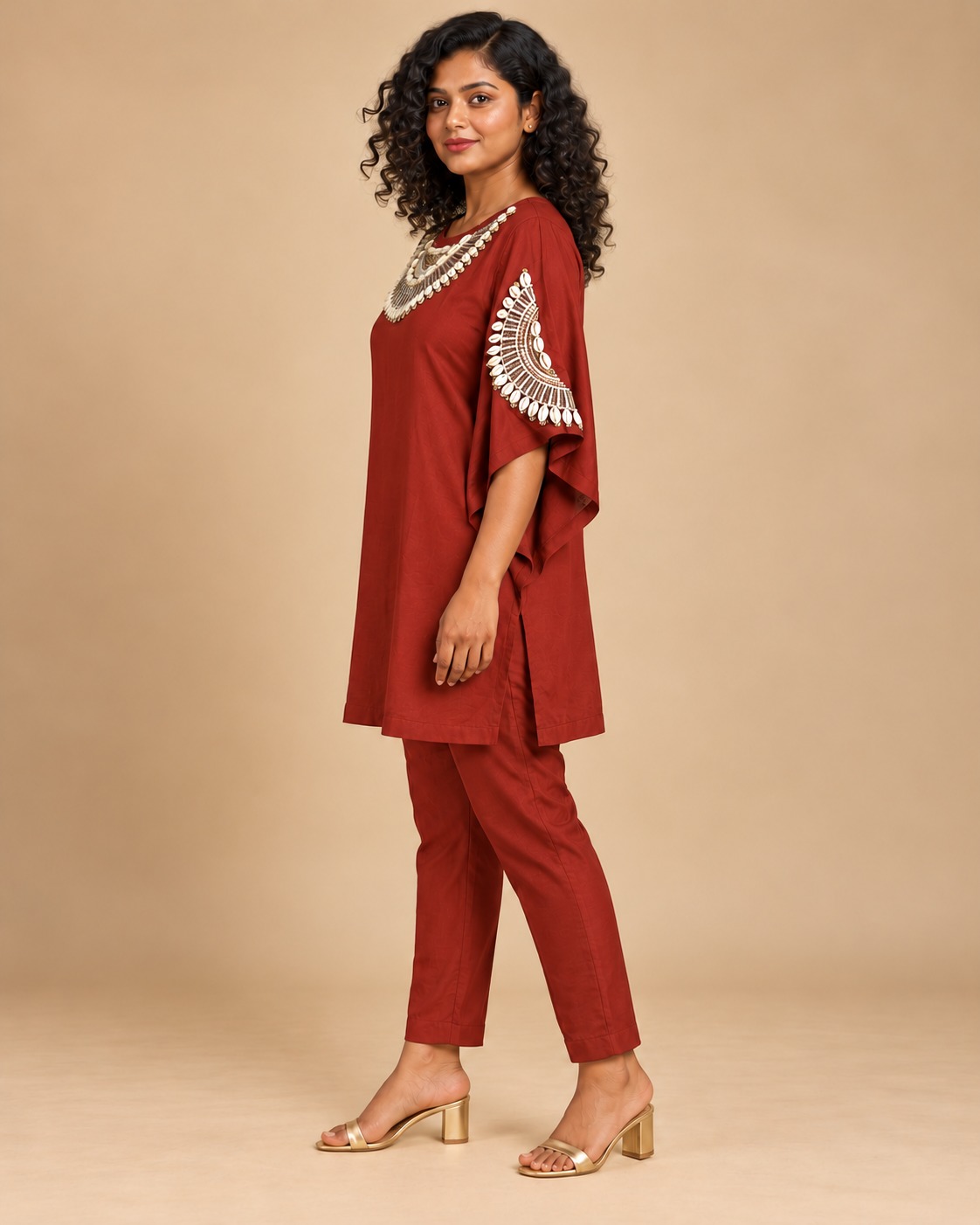 Women’s Rust Red Embellished Kaftan Kurta set with Round Neck and Matching Pants