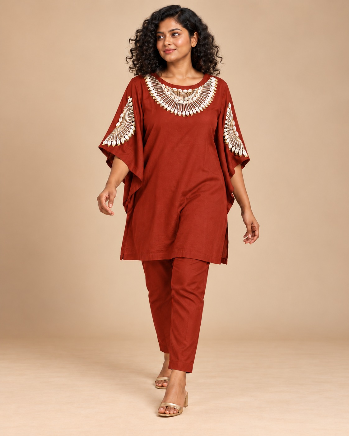 Women’s Rust Red Embellished Kaftan Kurta set with Round Neck and Matching Pants