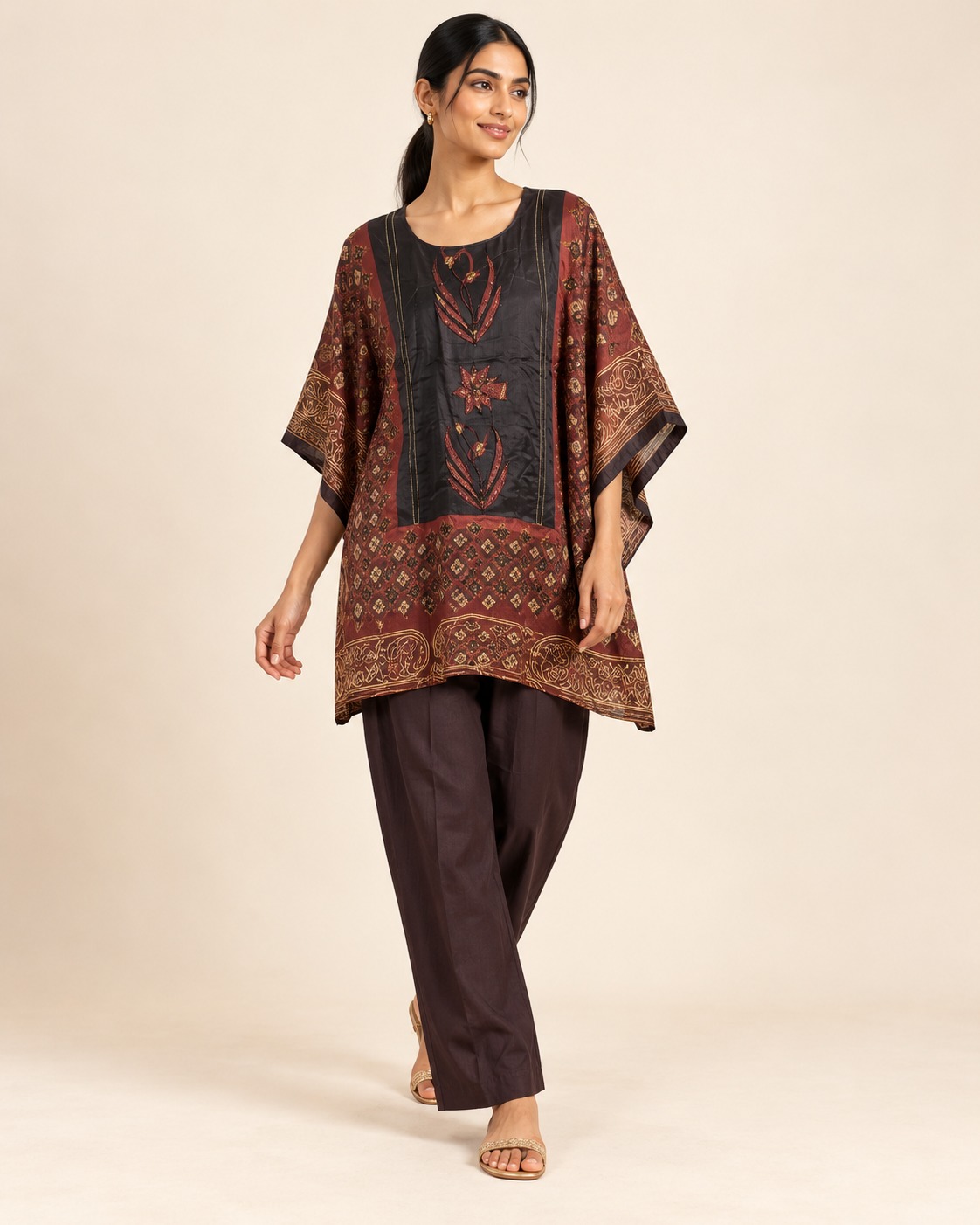Women’s Maroon & Black Ethnic Printed Kaftan Co-ord Set with Floral