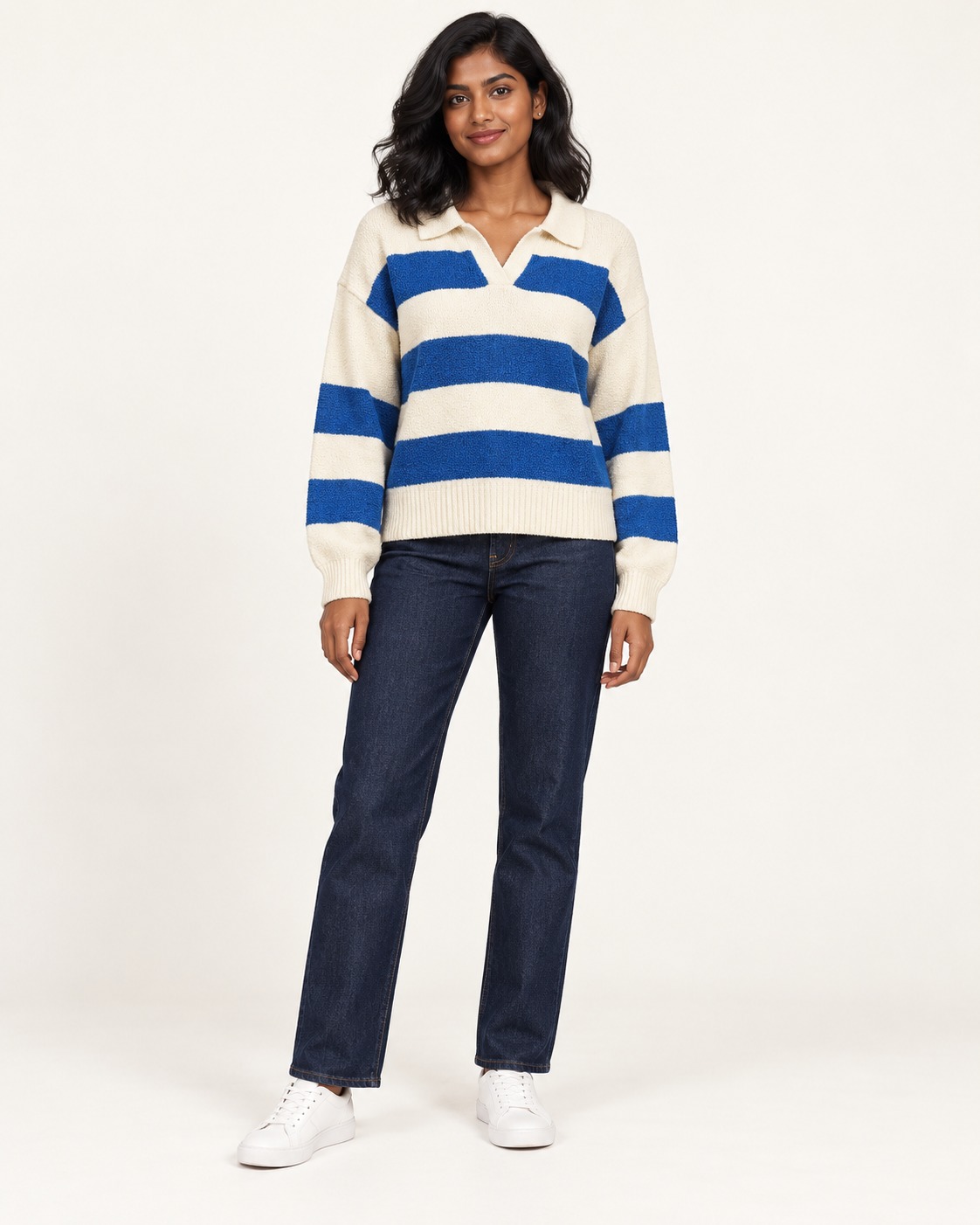 Women’s Cream & Royal Blue Striped Polo Collar T-Shirt