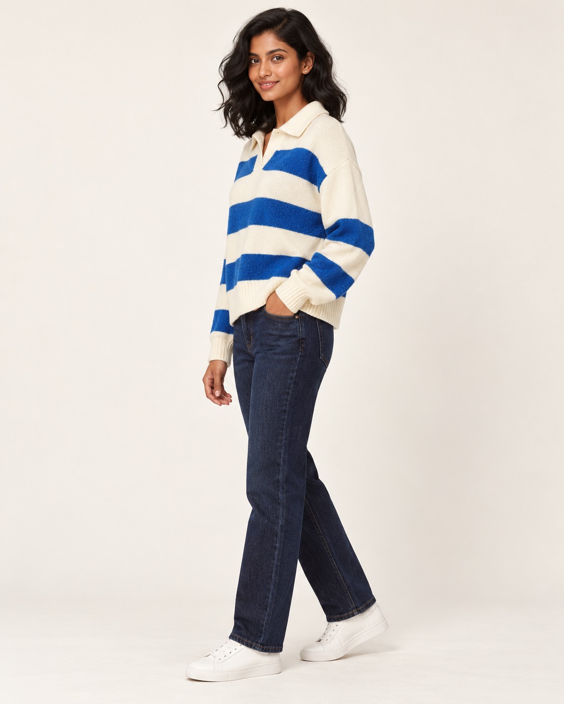 Women’s Cream & Royal Blue Striped Polo Collar T-Shirt
