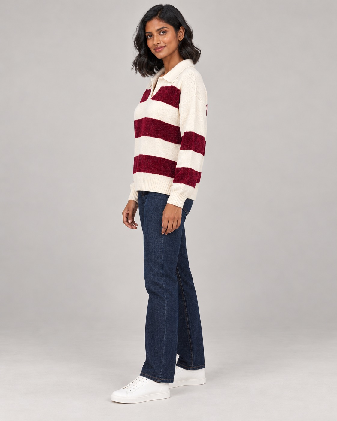 Women’s Cream & Maroon Striped Polo Collar Full Sleeve T-Shirt