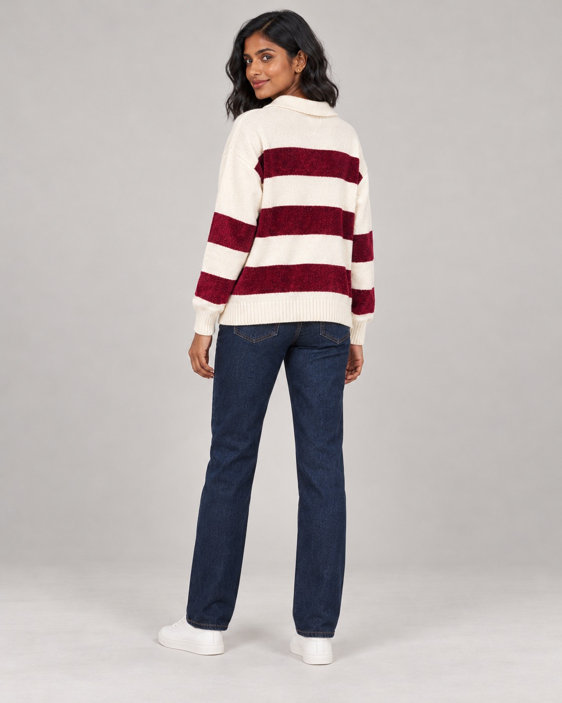 Women’s Cream & Maroon Striped Polo Collar Full Sleeve T-Shirt