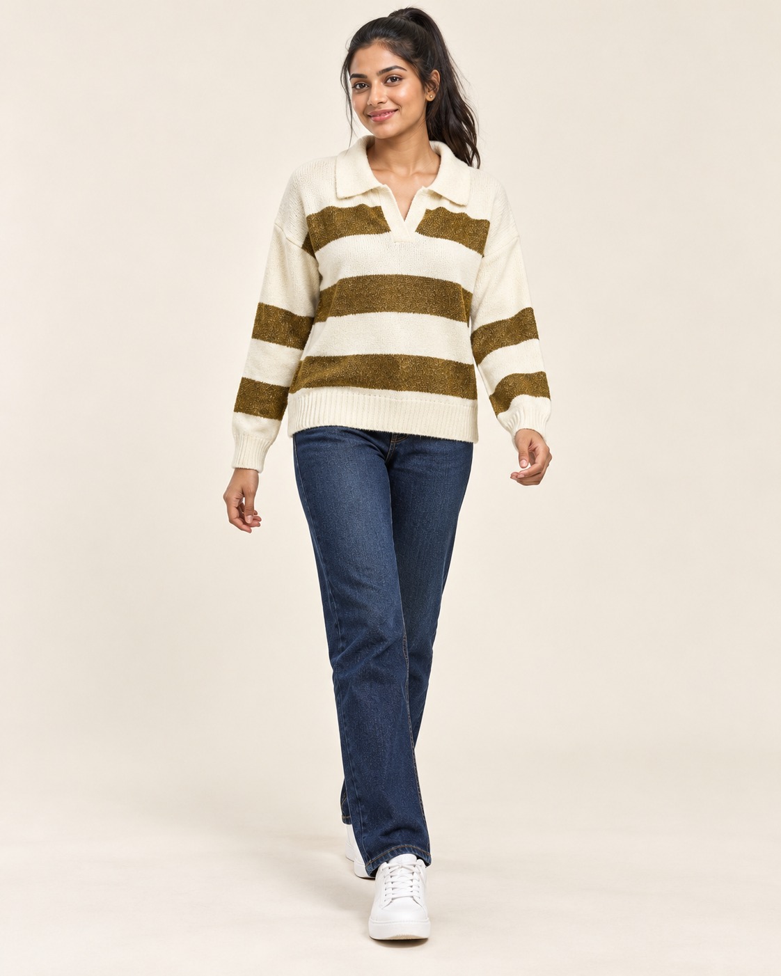 Women’s Cream & Olive Brown Striped Polo Collar Full Sleeve T-Shirt