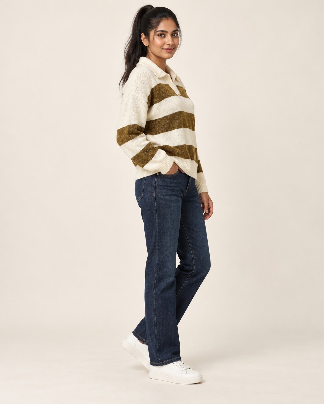 Women’s Cream & Olive Brown Striped Polo Collar Full Sleeve T-Shirt