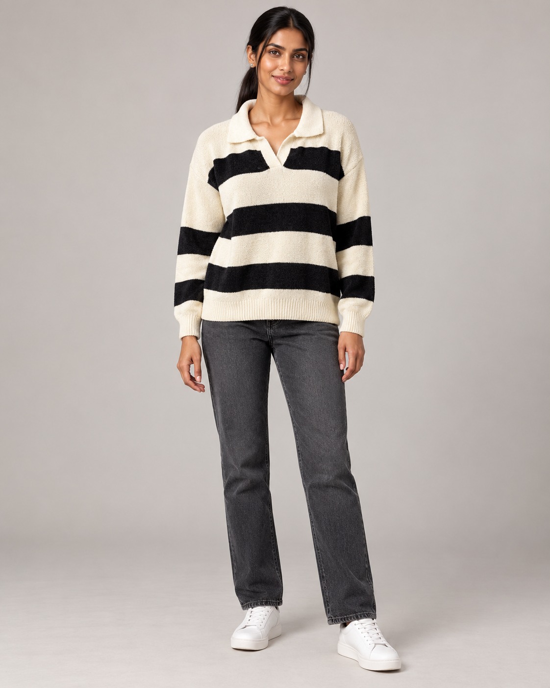 Women’s Cream & Black Striped Polo Collar T-Shirt | Full Sleeve Relaxed Fit