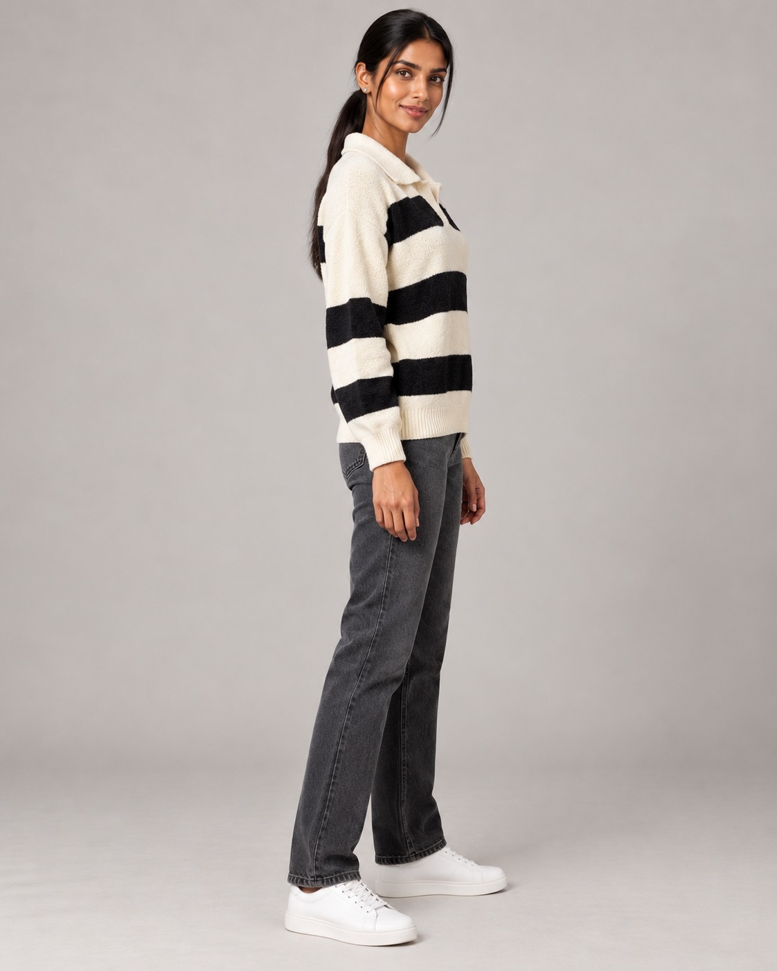 Women’s Cream & Black Striped Polo Collar T-Shirt | Full Sleeve Relaxed Fit