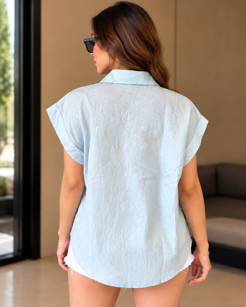 AAVARI Women's Light Blue Textured Oversized Shirt | Short Sleeve Button Down Casual Shirt with Dual Pockets