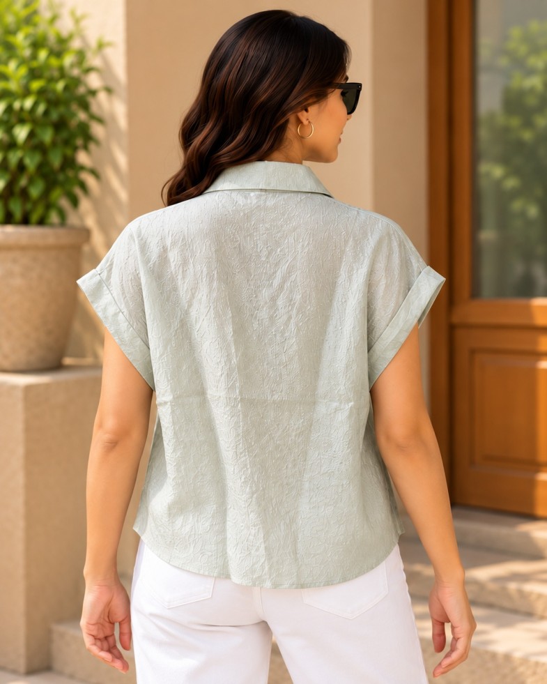 AAVARI Women's Sage Green Textured Oversized Shirt | Short Sleeve Button