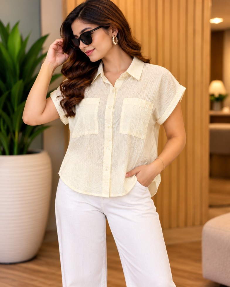 AAVARI Women's Cream Yellow Textured Oversized Shirt | Short Folded Sleeves