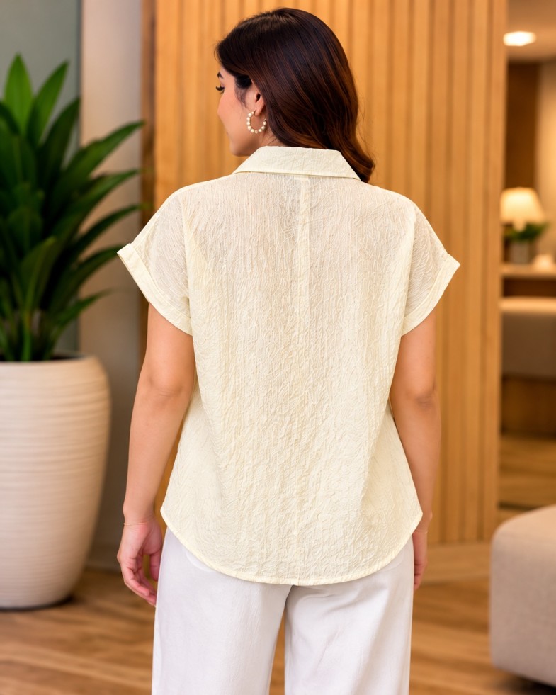 AAVARI Women's Cream Yellow Textured Oversized Shirt | Short Folded Sleeves
