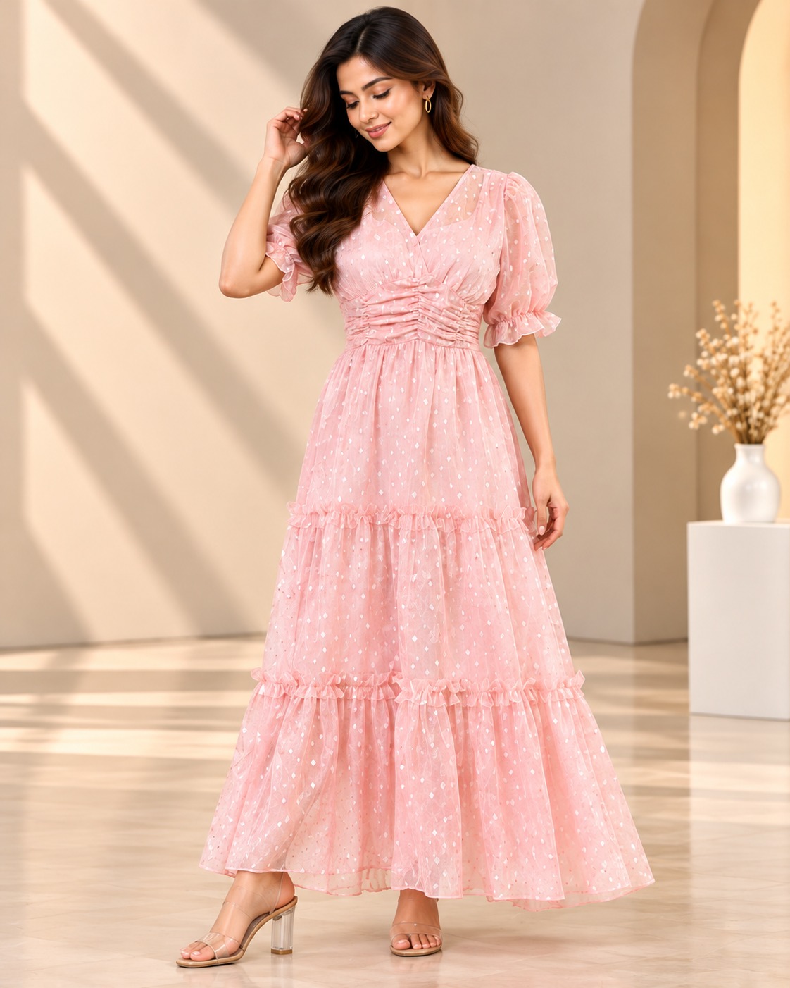 AAVARI Women's Baby Pink Polka Dot Net Maxi Dress  V Neck Puff Sleeve
