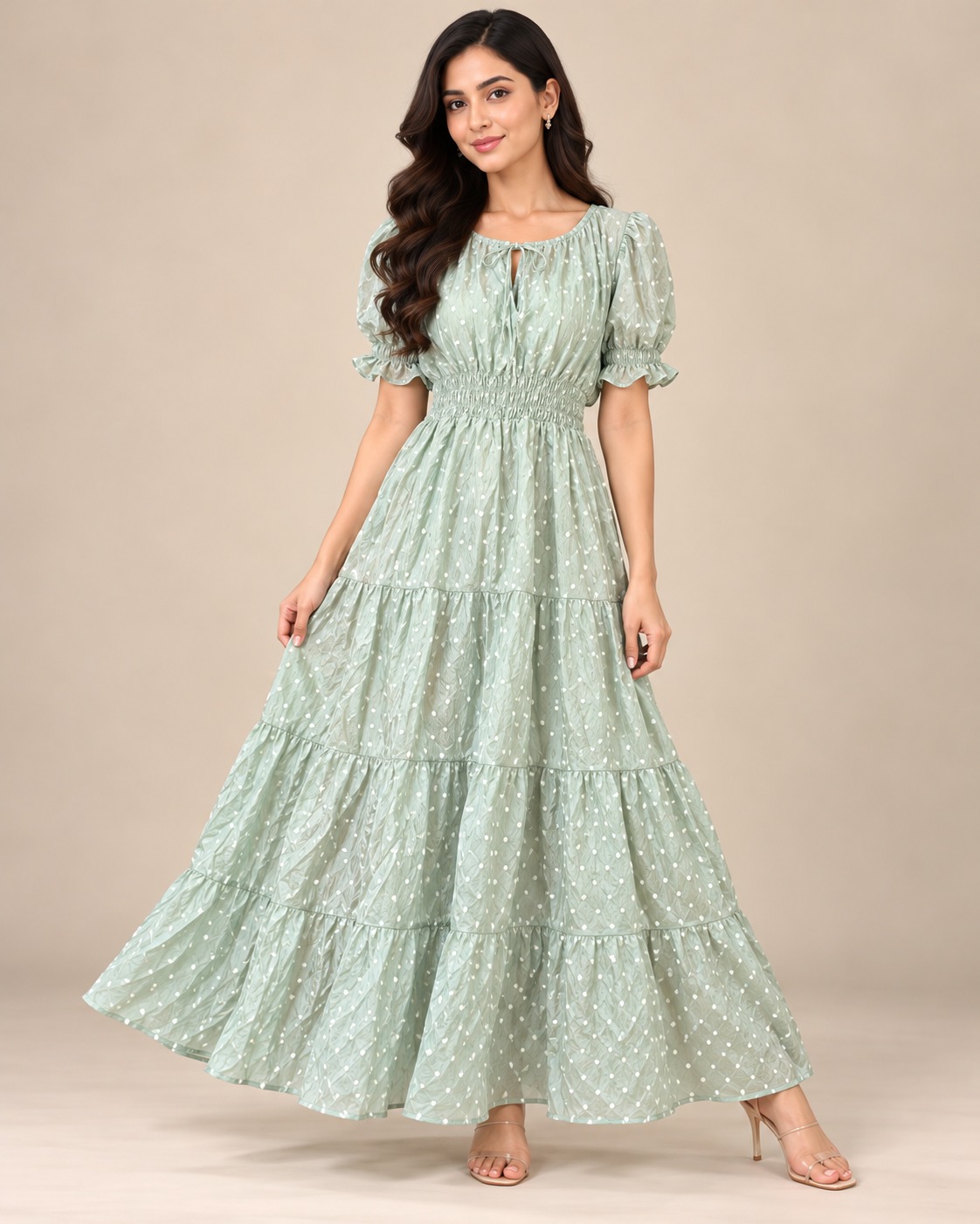 AAVARI Women's Sage Green Polka Dot Printed Maxi Dress with Puff Sleeves