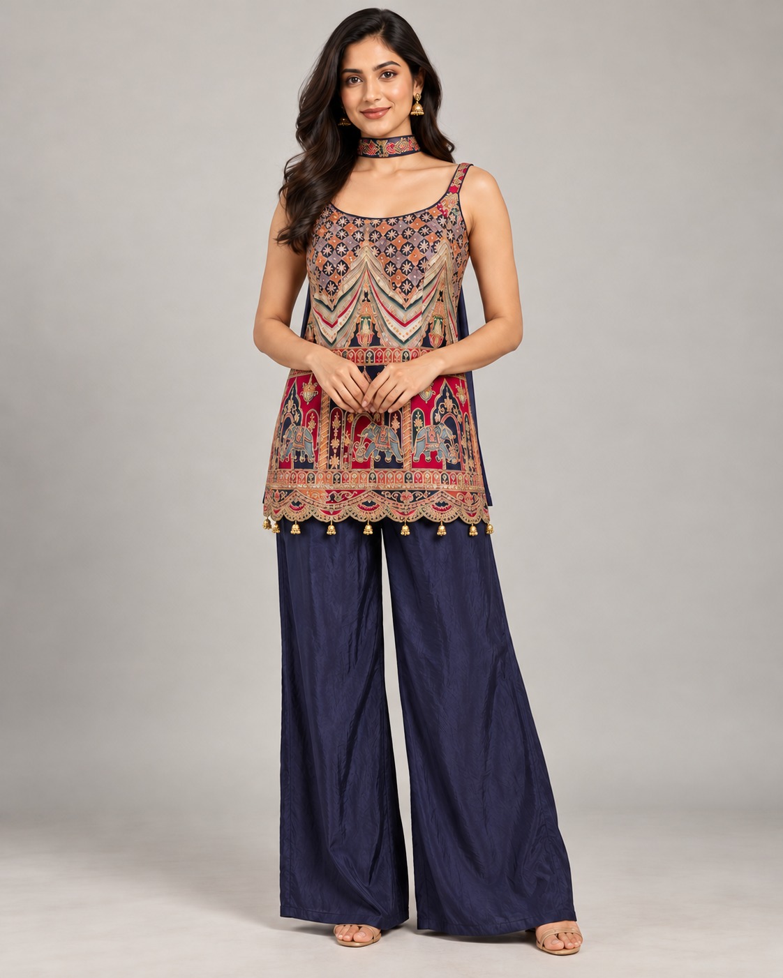 Women’s Navy Blue Printed Short Kurta & Palazzo Set with Sheer Dupatta and Decorative Hem