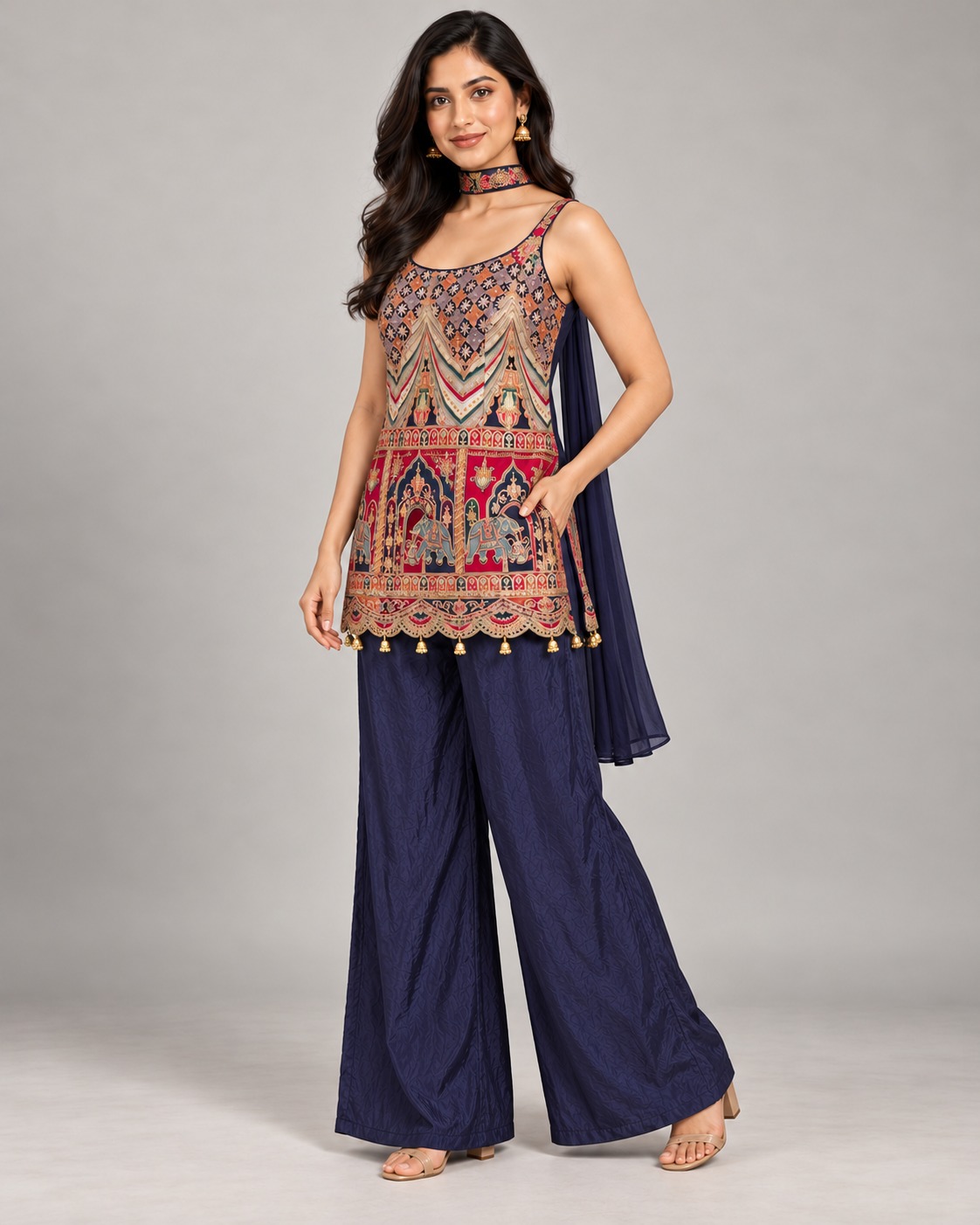 Women’s Navy Blue Printed Short Kurta & Palazzo Set with Sheer Dupatta and Decorative Hem
