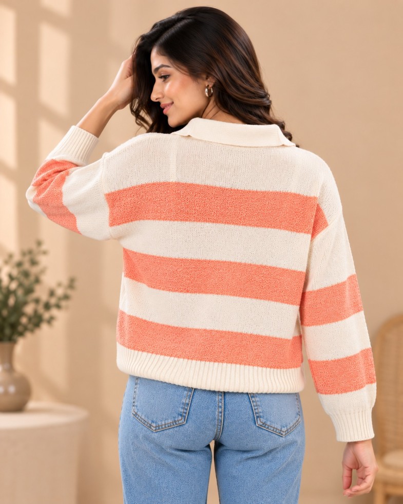 AAVARI Women's Peach & Cream Striped Collared Full Sleeve T-Shirt