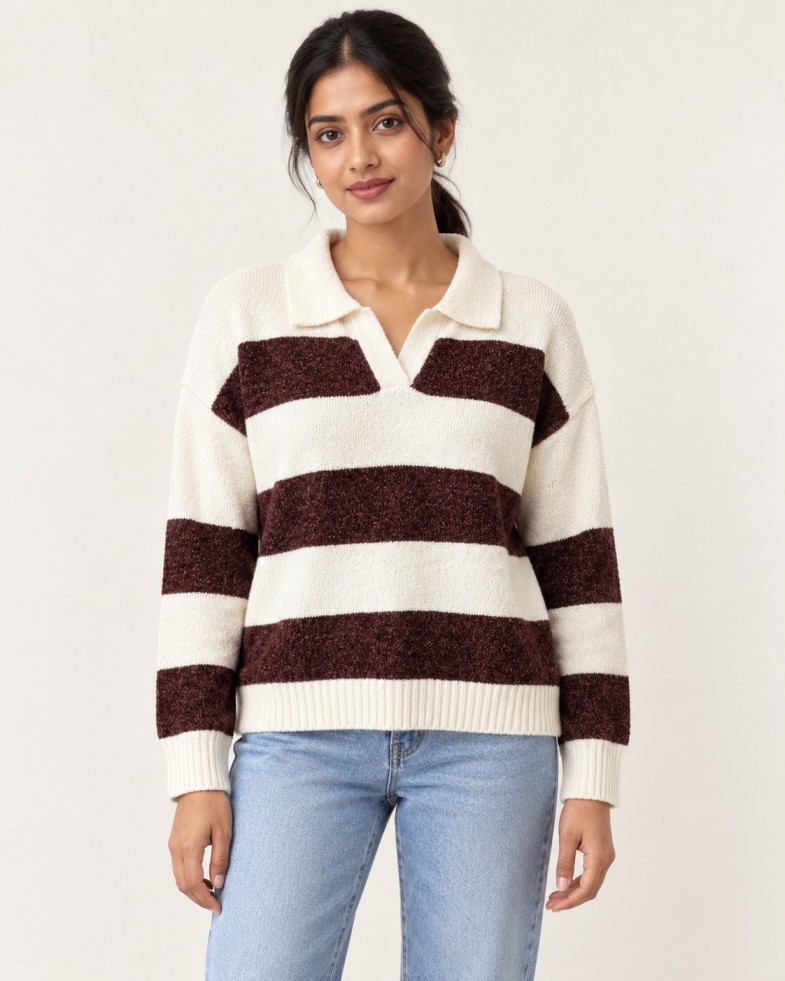 Women's Burgundy & Cream Striped Collared Full Sleeve T-Shir