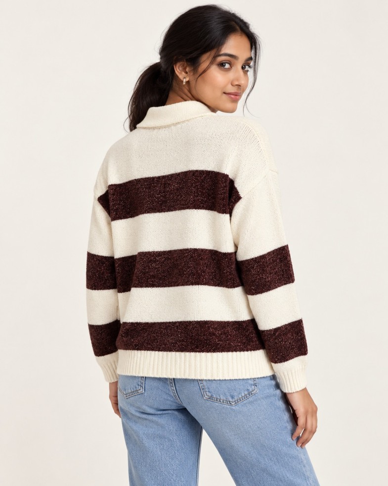 Women's Burgundy & Cream Striped Collared Full Sleeve T-Shir