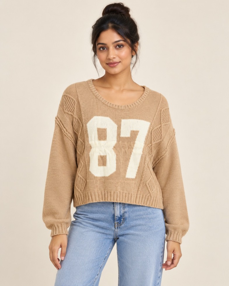 AAVARI Women's Beige 87 Graphic Cable Knit Full Sleeve Cropped Top