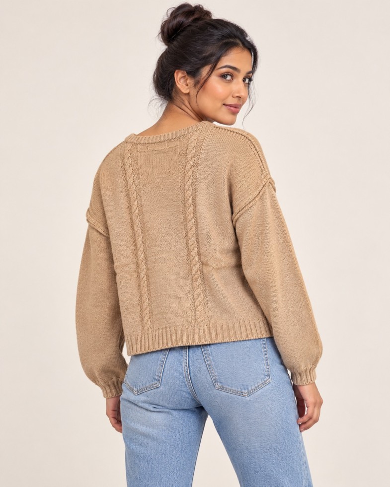 AAVARI Women's Beige 87 Graphic Cable Knit Full Sleeve Cropped Top