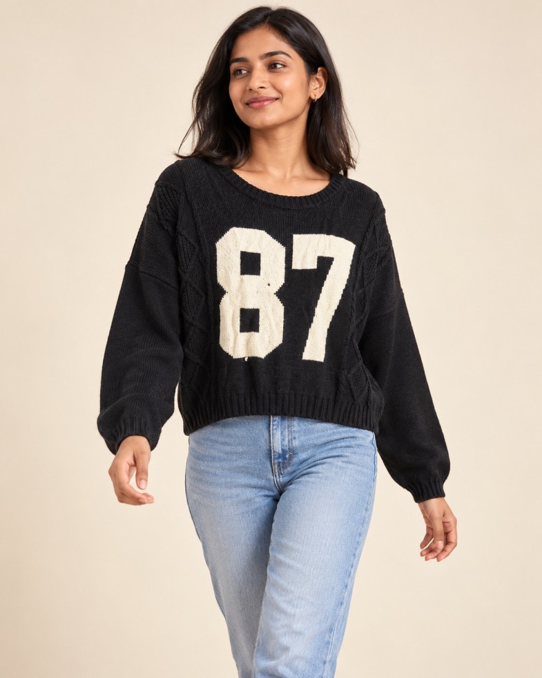 AAVARI Women's Black 87 Graphic Cable Knit Full Sleeve Cropped Top