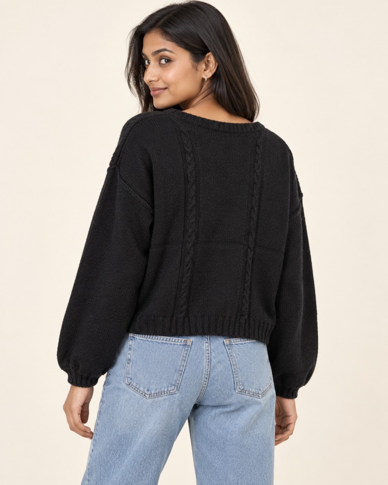 AAVARI Women's Black 87 Graphic Cable Knit Full Sleeve Cropped Top