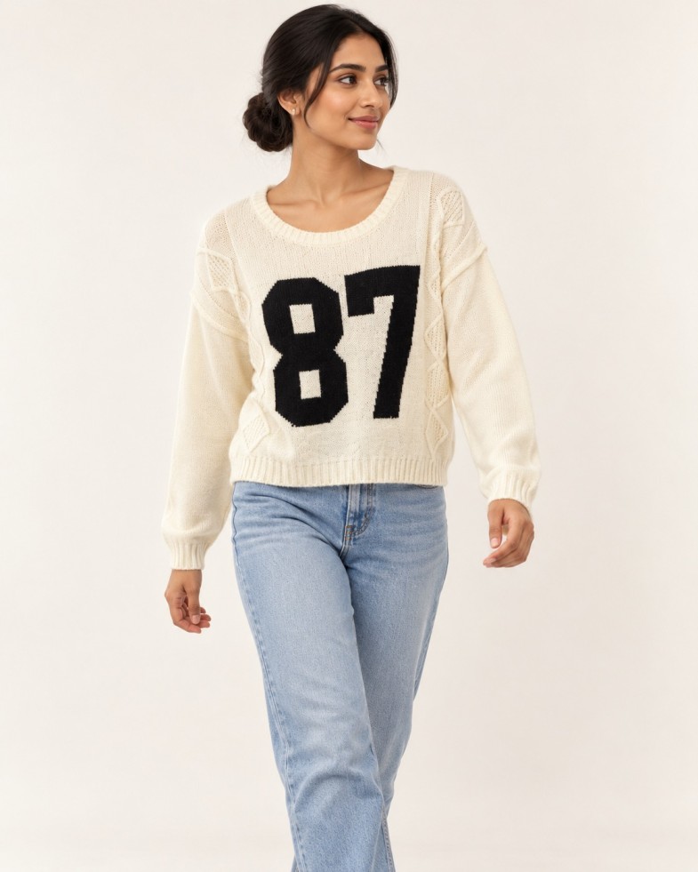 AAVARI Women's Off-White 87 Graphic Cable Knit Full Sleeve Cropped Top