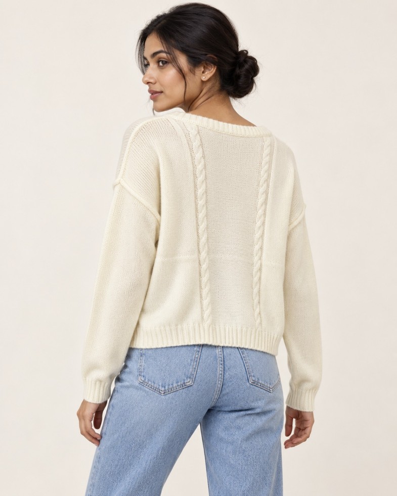 AAVARI Women's Off-White 87 Graphic Cable Knit Full Sleeve Cropped Top