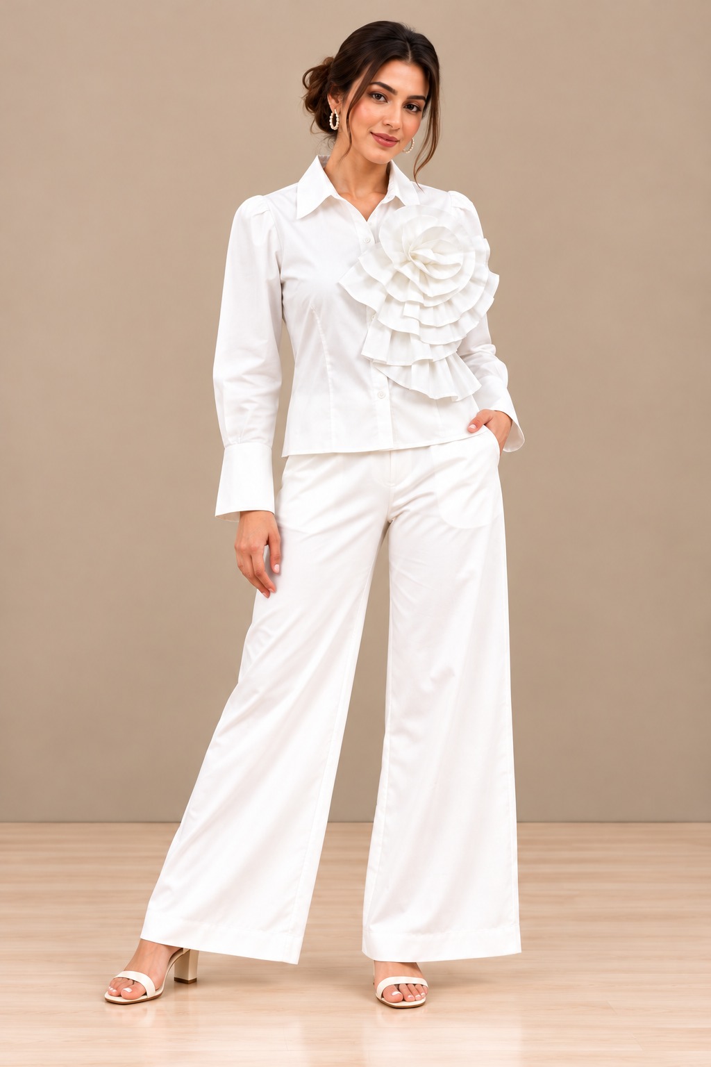 AAVARI Women's White 3D Floral Ruffle Shirt | Elegant Full Sleeve